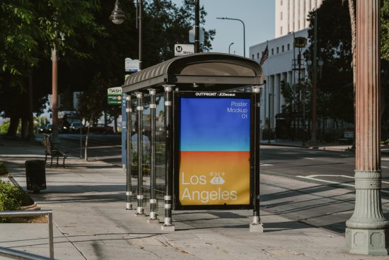 Outdoor poster mockup in a bus stop shelter with a colorful Los Angeles ad, ideal for designers to showcase urban advertising designs.
